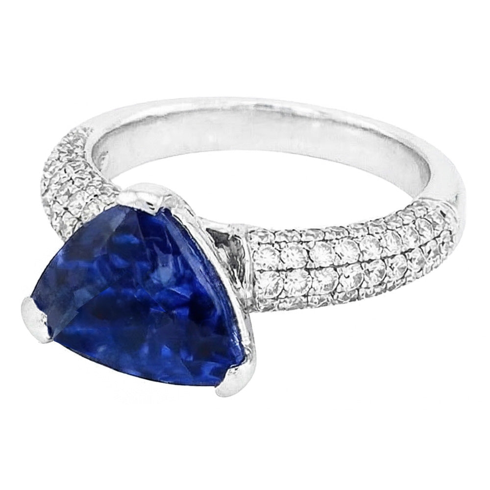 Trillion Gemstone Ceylon Sapphire Ring Pave Set Natural Earth Mined Diamonds 3.50 Carats