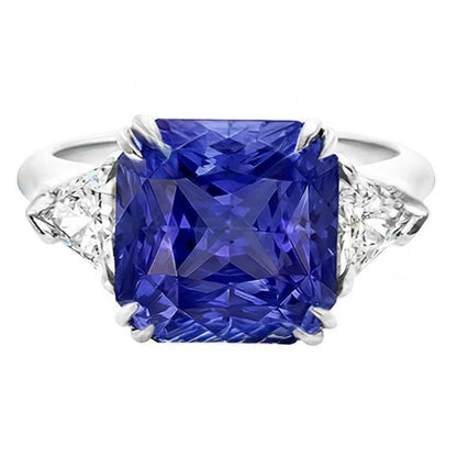 Trillion Natural Earth Mined Diamond 3 Stone Ring 2.50 Carats Double Prong Ceylon Sapphire