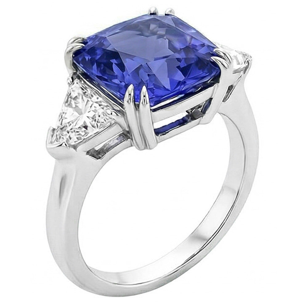 Trillion Natural Earth Mined Diamond 3 Stone Ring 2.50 Carats Double Prong Ceylon Sapphire