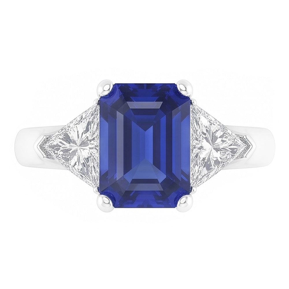 Trillion Natural Earth Mined Diamond Sapphire Ring 2 Carats Ceylon Sapphire 3 Stone Prongs