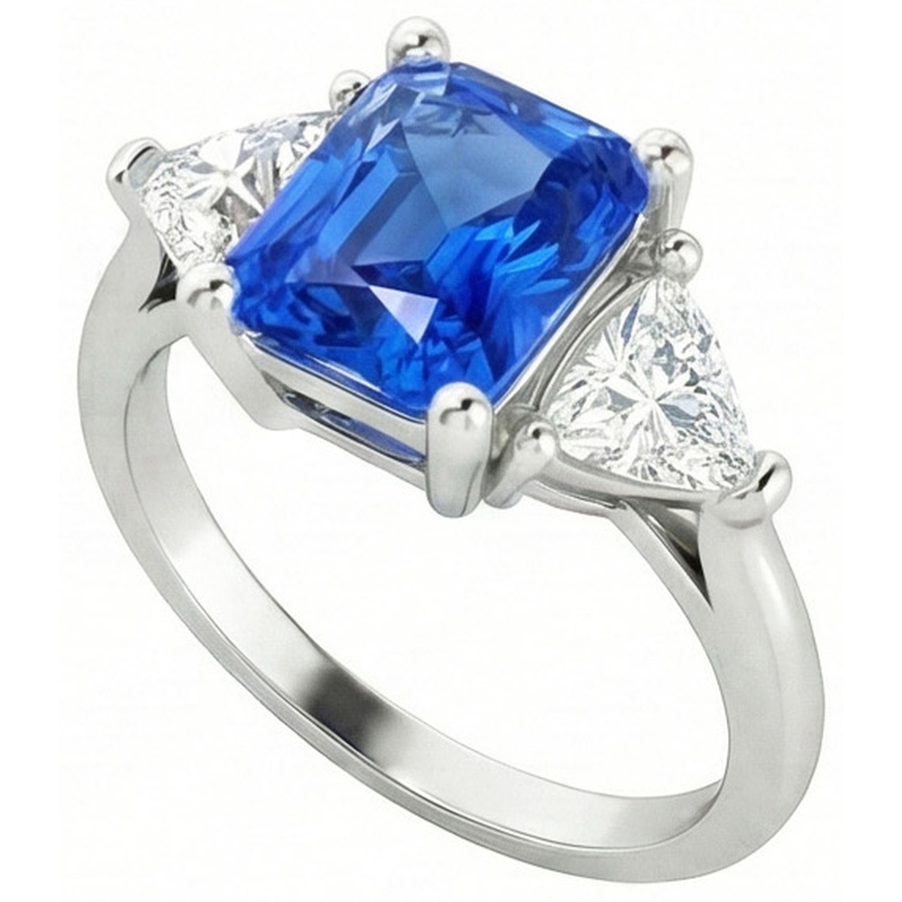Trillion Natural Earth Mined Diamond Three Stone Radiant Ceylon Sapphire Ring 2.50 Carats