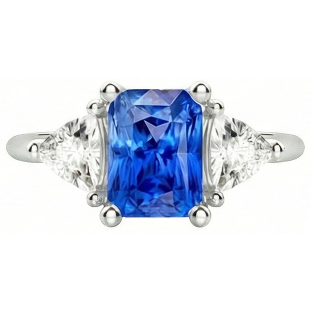 Trillion Natural Earth Mined Diamond Three Stone Radiant Ceylon Sapphire Ring 2.50 Carats