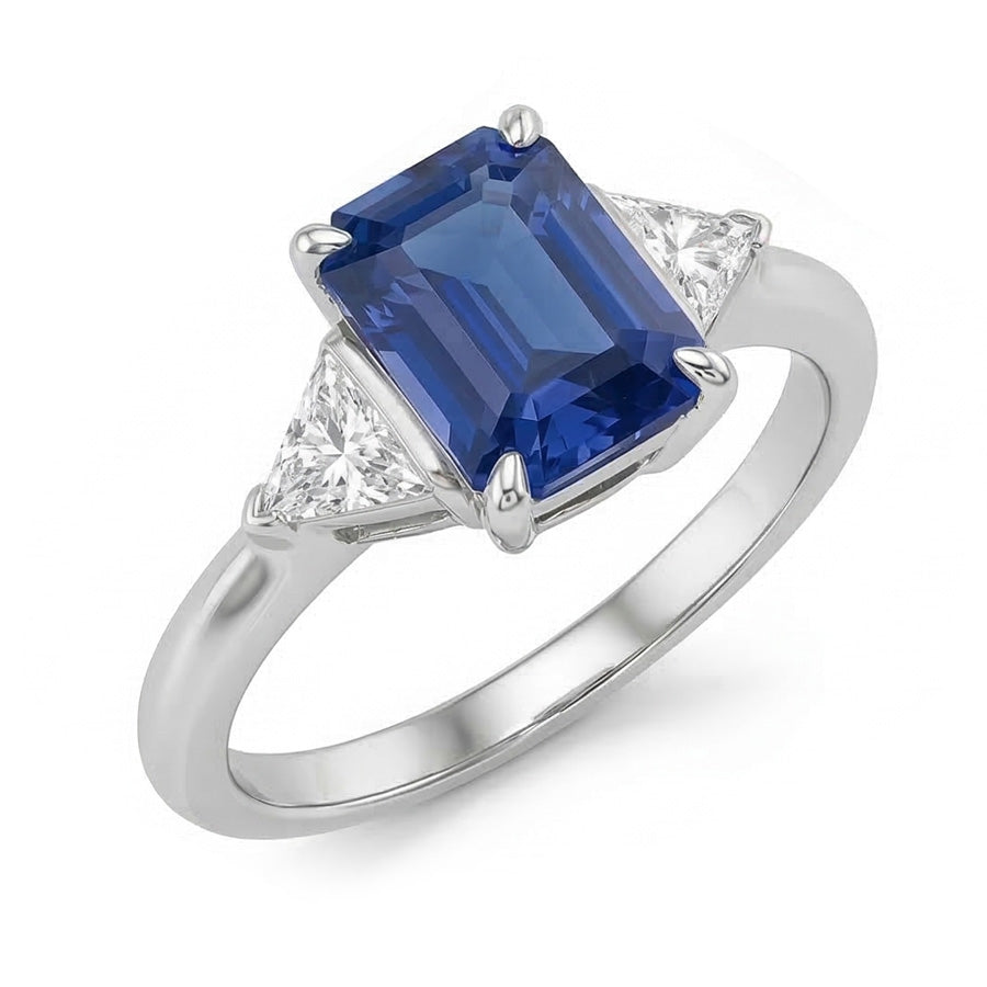 Trillion Natural Earth Mined Diamond Three Stone Ring Emerald Ceylon Sapphire 2.50 Carats