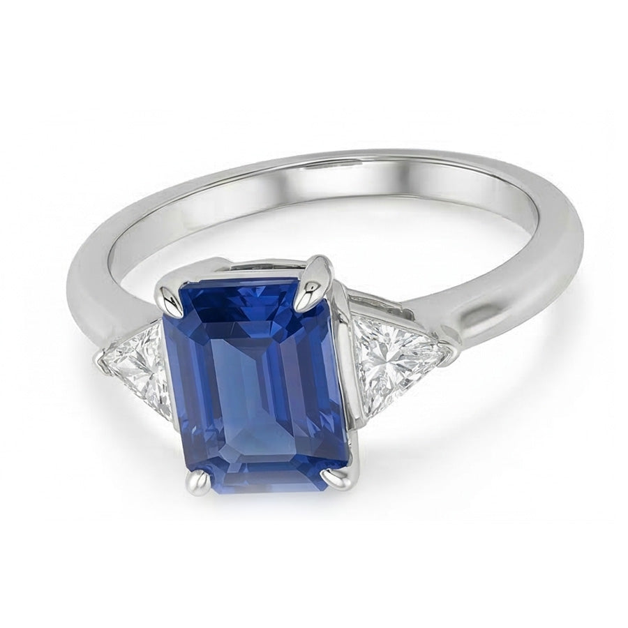 Trillion Natural Earth Mined Diamond Three Stone Ring Emerald Ceylon Sapphire 2.50 Carats