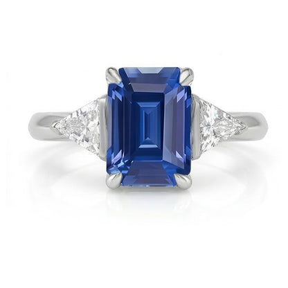 Trillion Natural Earth Mined Diamond Three Stone Ring Emerald Ceylon Sapphire 2.50 Carats