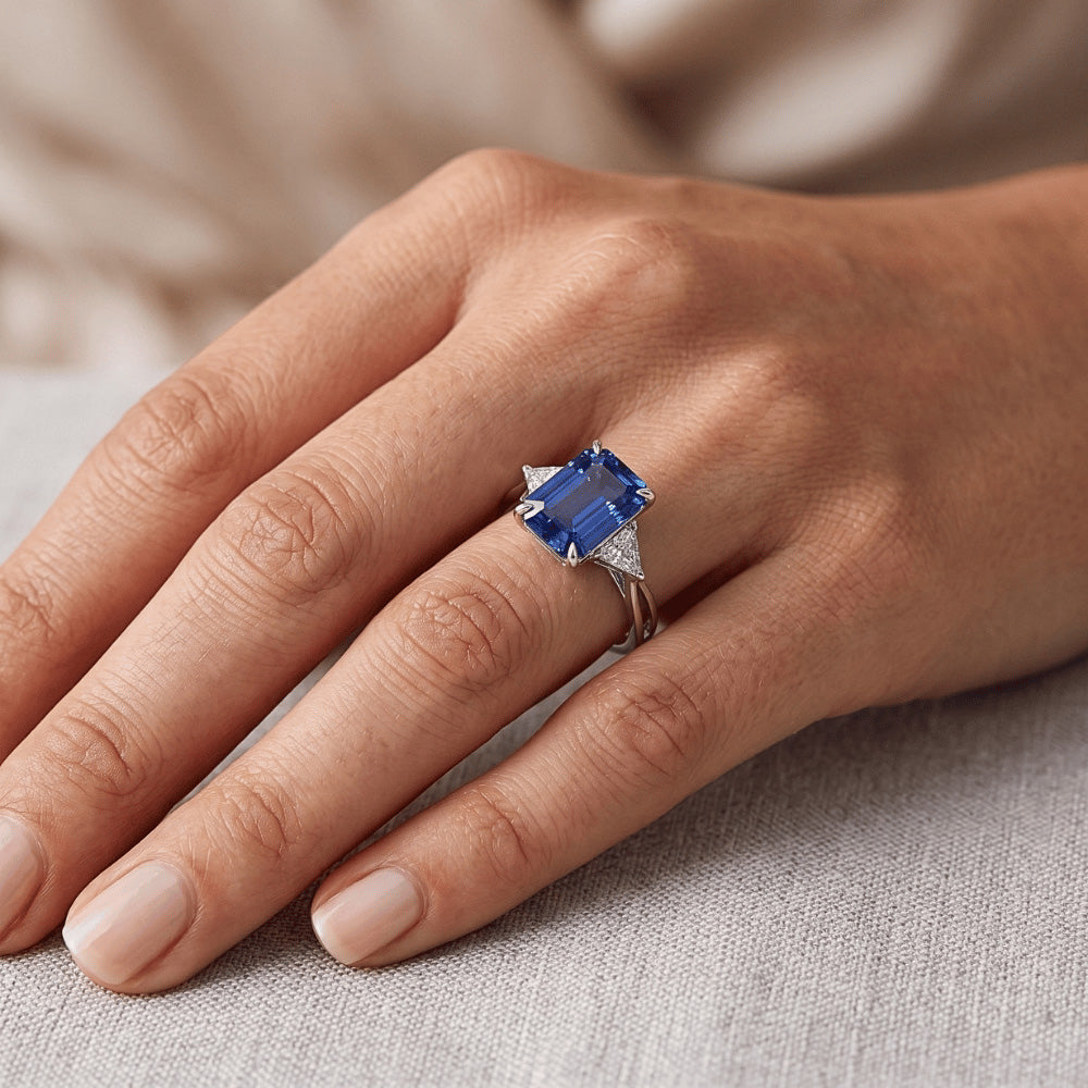 Trillion Natural Earth Mined Diamond & Ceylon Sapphire Emerald 3 Stones Ring 3.25 Carats