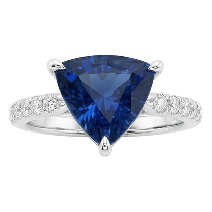 Trillion Sapphire Engagement Ring Prong Set Round Natural Earth Mined Diamonds 3 Carats