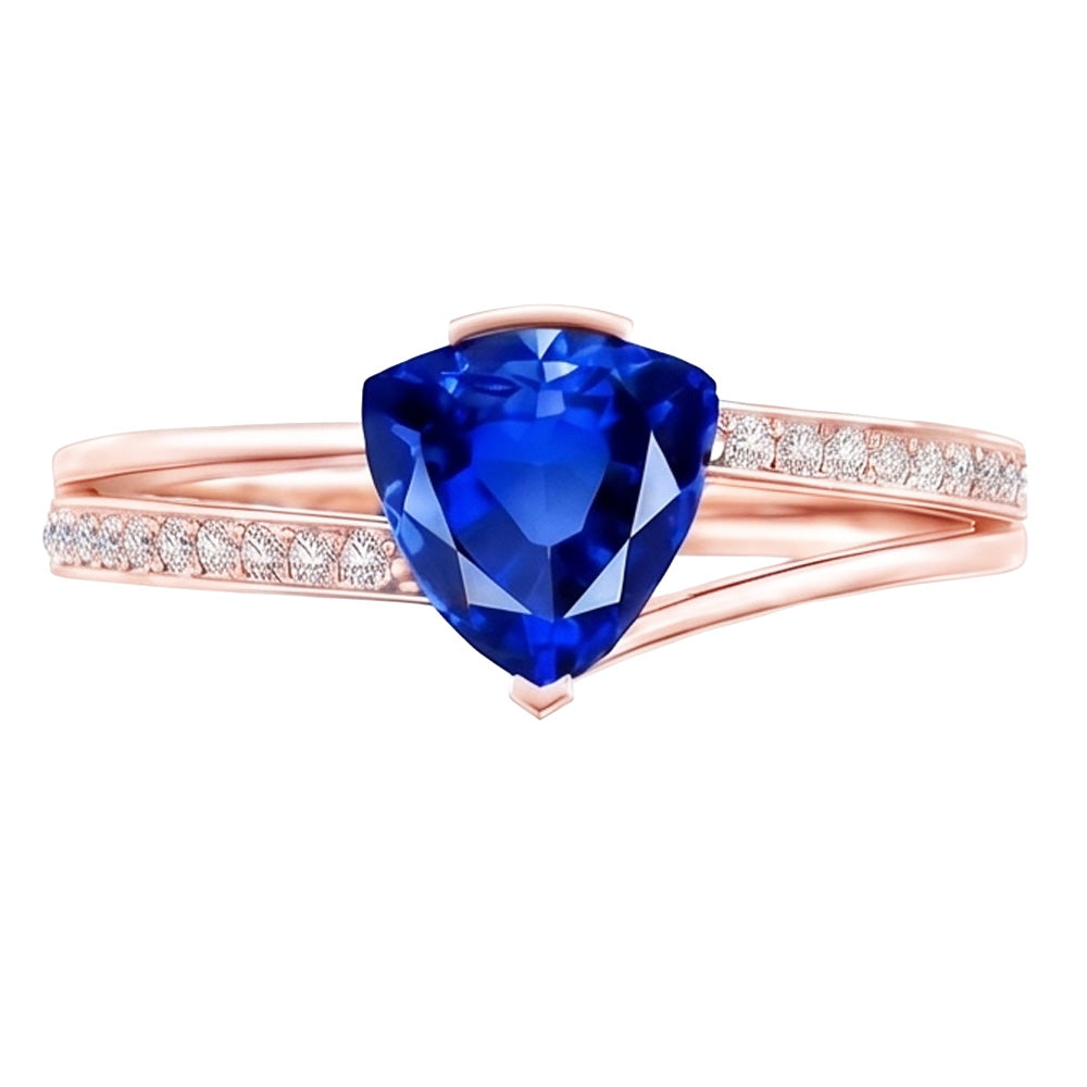 Trillion Sapphire Gemstone Ring 2 Carats Split Shank Natural Earth Mined Diamond Rose Gold