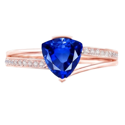 Trillion Sapphire Gemstone Ring 2 Carats Split Shank Natural Earth Mined Diamond Rose Gold