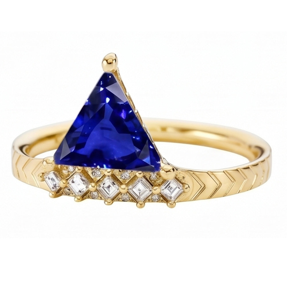 Trillion Sapphire Gemstone Ring & Princess Natural Earth Mined Diamonds 1.75 Carats