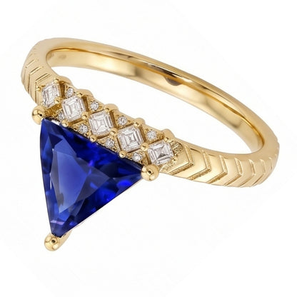 Trillion Sapphire Gemstone Ring & Princess Natural Earth Mined Diamonds 1.75 Carats