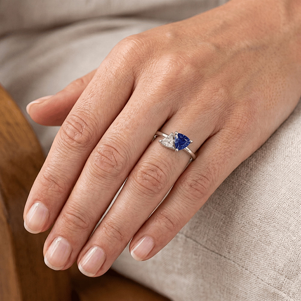 Trillion Sapphire & Natural Earth Mined Diamond Ring 1.25 Carats Women’s Jewelry