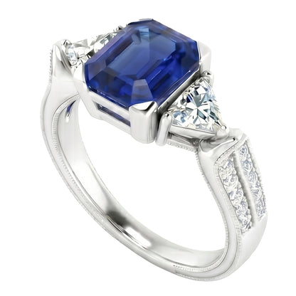 Trillion & Round Natural Earth Mined Diamond Asscher Sapphire Engagement Ring 2.50 Carats
