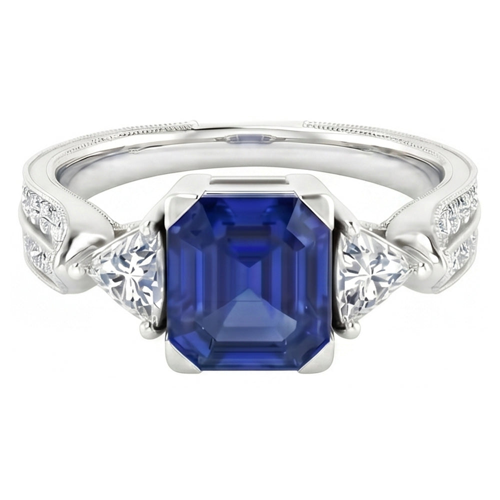 Trillion & Round Natural Earth Mined Diamond Asscher Sapphire Engagement Ring 2.50 Carats