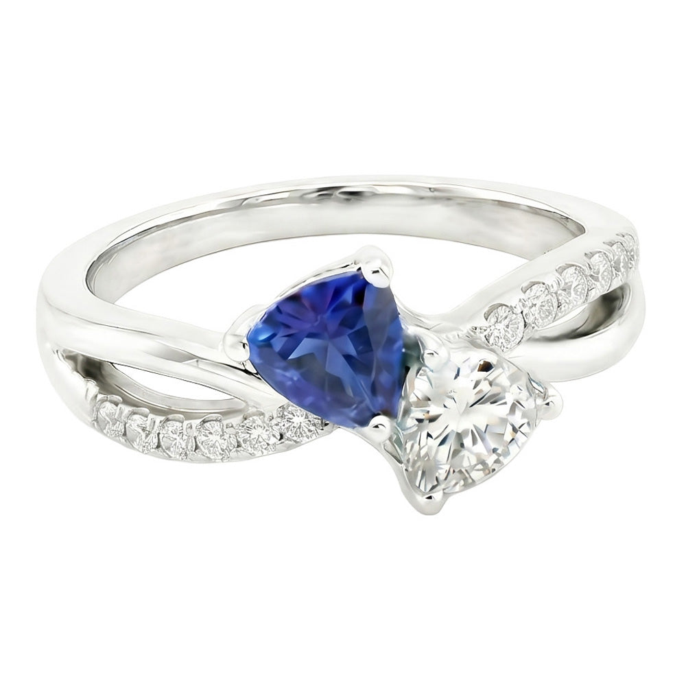 Trillion & Round Natural Earth Mined Diamond Ring Blue Sapphire 2.50 Carats Split Shank