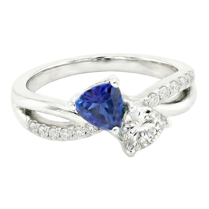 Trillion & Round Natural Earth Mined Diamond Ring Blue Sapphire 2.50 Carats Split Shank