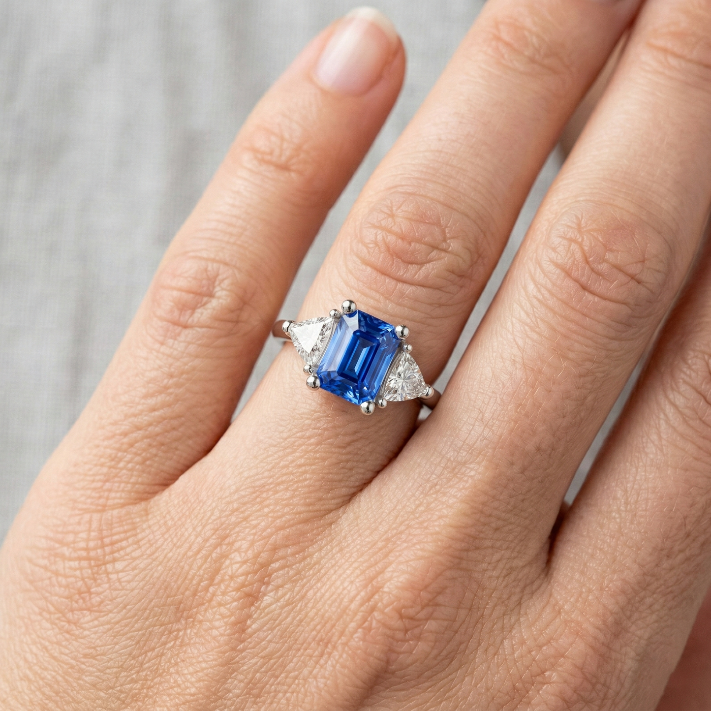 Trillion Natural Earth Mined Diamond Three Stone Radiant Ceylon Sapphire Ring 2.50 Carats