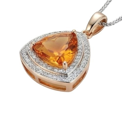 Trillion Shape Madeira Citrine & Round Natural Earth Mined Diamonds Gold Pendant 17.50 Ct
