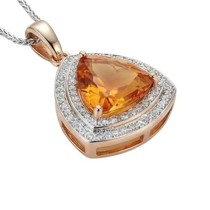 Trillion Shape Madeira Citrine & Round Natural Earth Mined Diamonds Gold Pendant 17.50 Ct