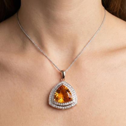 Trillion Shape Madeira Citrine & Round Natural Earth Mined Diamonds Gold Pendant 17.50 Ct