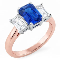 Two Tone 3 Stone Natural Earth Mined Diamond Radiant Sapphire Gemstone Ring 1.50 Carats