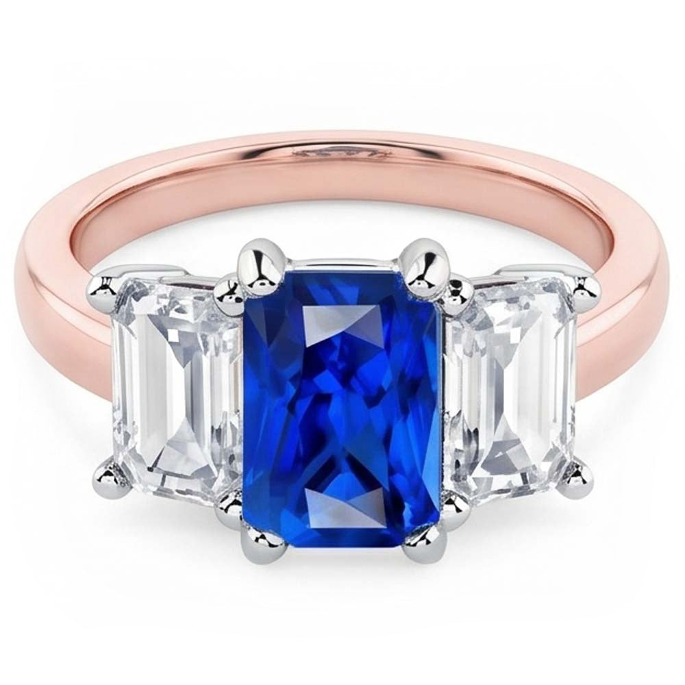 Two Tone 3 Stone Natural Earth Mined Diamond Radiant Sapphire Gemstone Ring 1.50 Carats