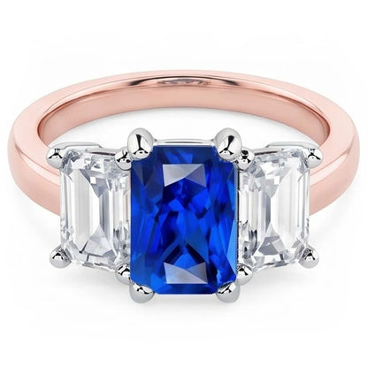 Two Tone 3 Stone Natural Earth Mined Diamond Radiant Sapphire Gemstone Ring 1.50 Carats