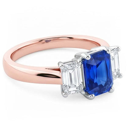 Two Tone 3 Stone Natural Earth Mined Diamond Radiant Sapphire Gemstone Ring 1.50 Carats