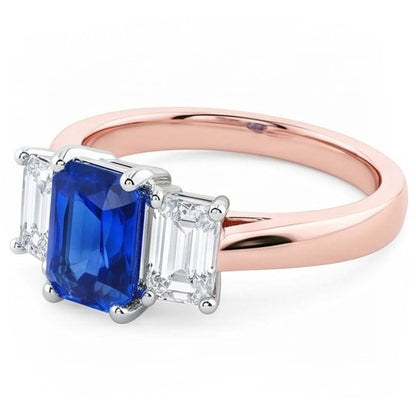 Two Tone 3 Stone Natural Earth Mined Diamond Radiant Sapphire Gemstone Ring 1.50 Carats