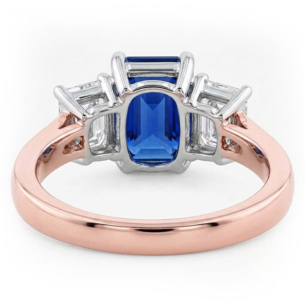 Two Tone 3 Stone Natural Earth Mined Diamond Radiant Sapphire Gemstone Ring 1.50 Carats