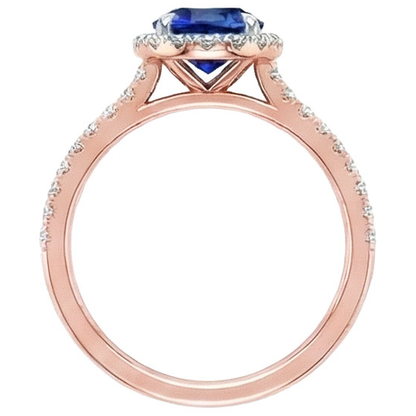 Two Tone Blue Sapphire Halo Natural Earth Mined Diamond Ring Prong Set