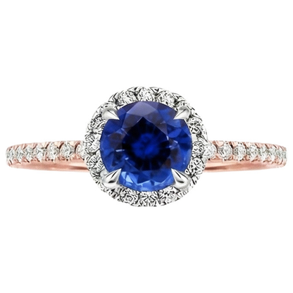 Two Tone Blue Sapphire Halo Natural Earth Mined Diamond Ring Prong Set