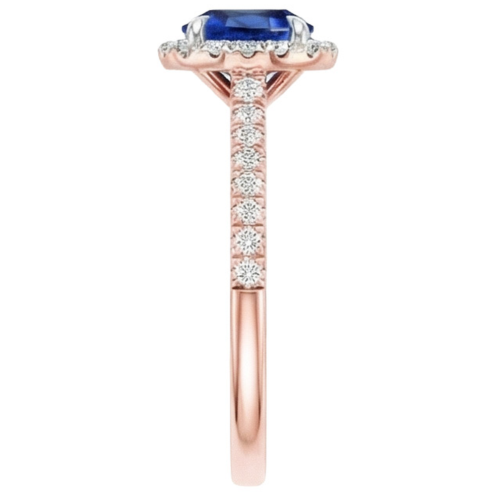 Two Tone Blue Sapphire Halo Natural Earth Mined Diamond Ring Prong Set