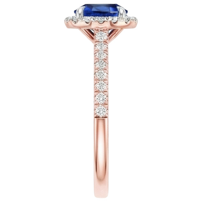Two Tone Blue Sapphire Halo Natural Earth Mined Diamond Ring Prong Set