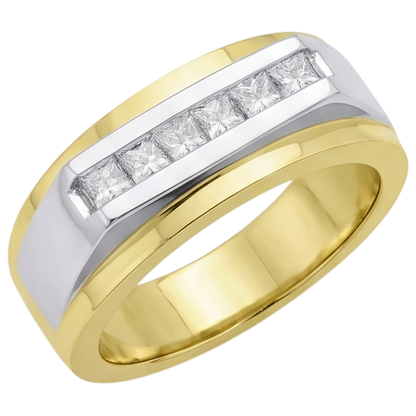 Two Tone Gold 10K Men Ring Band Princess Diamond 0.72 Carats