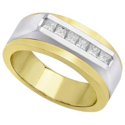 Two Tone Gold 10K Men Ring Band Princess Diamond 0.72 Carats