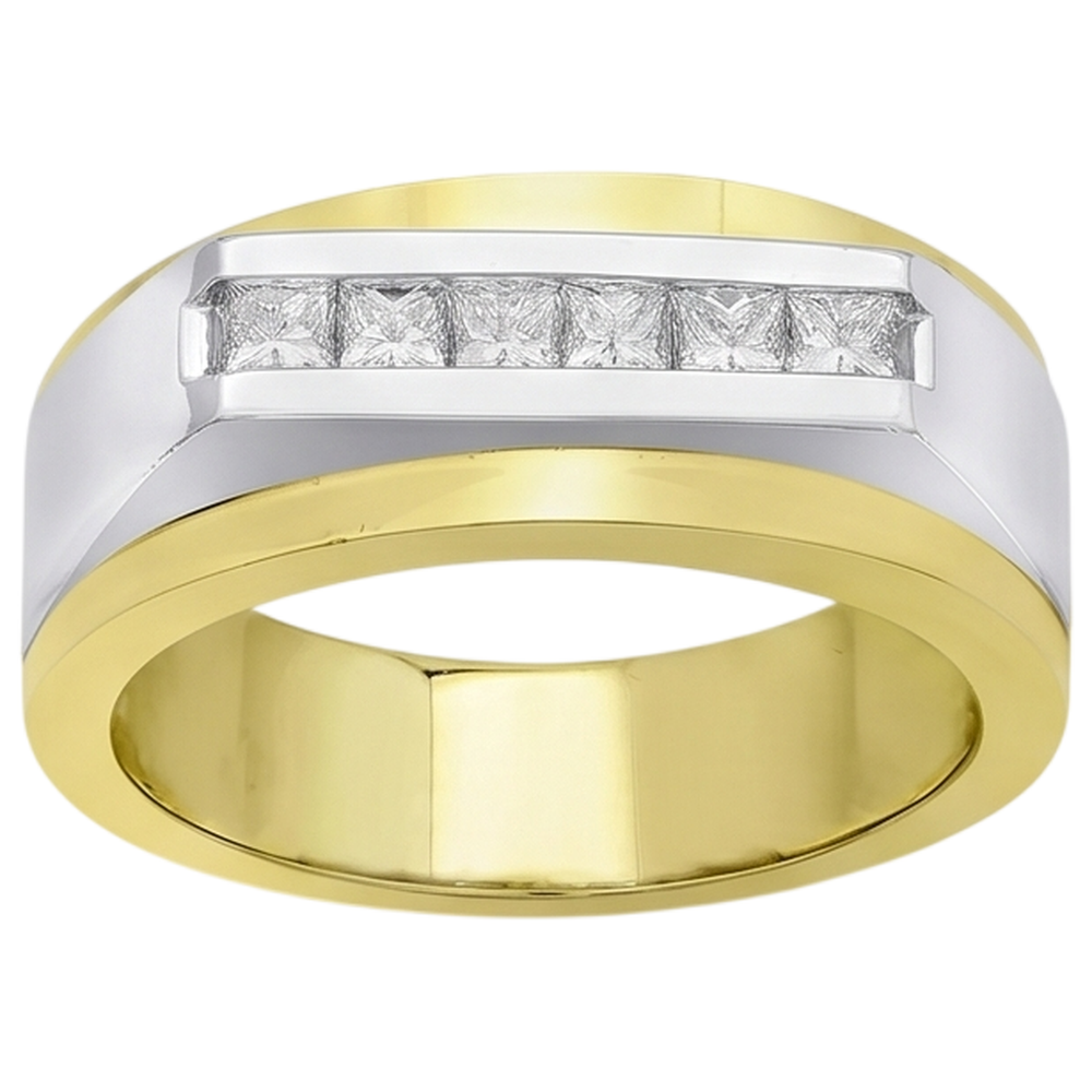 Two Tone Gold 10K Men Ring Band Princess Diamond 0.72 Carats