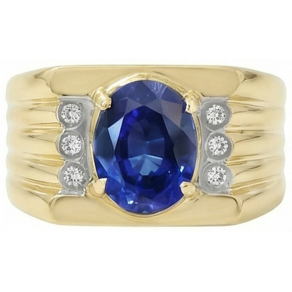 Two Tone Gold 14K Oval Sapphire & Round Natural Earth Mined Diamond Ring 2.30 Ct.