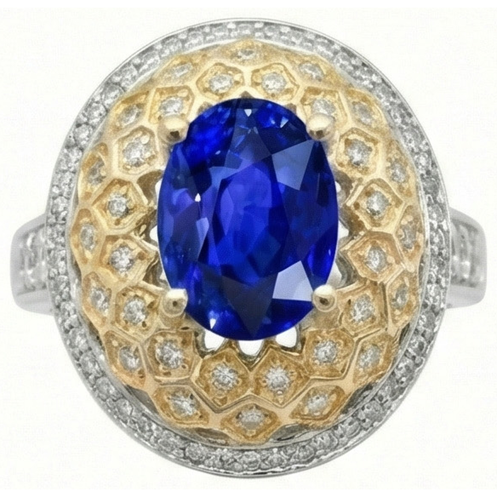 Two Tone Gold 3.10 Ct Sri Lanka Sapphire Natural Earth Mined Diamonds Ring