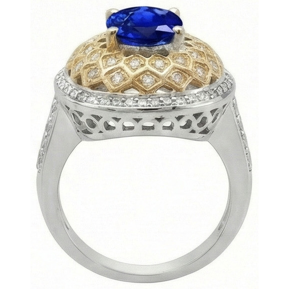 Two Tone Gold 3.10 Ct Sri Lanka Sapphire Natural Earth Mined Diamonds Ring
