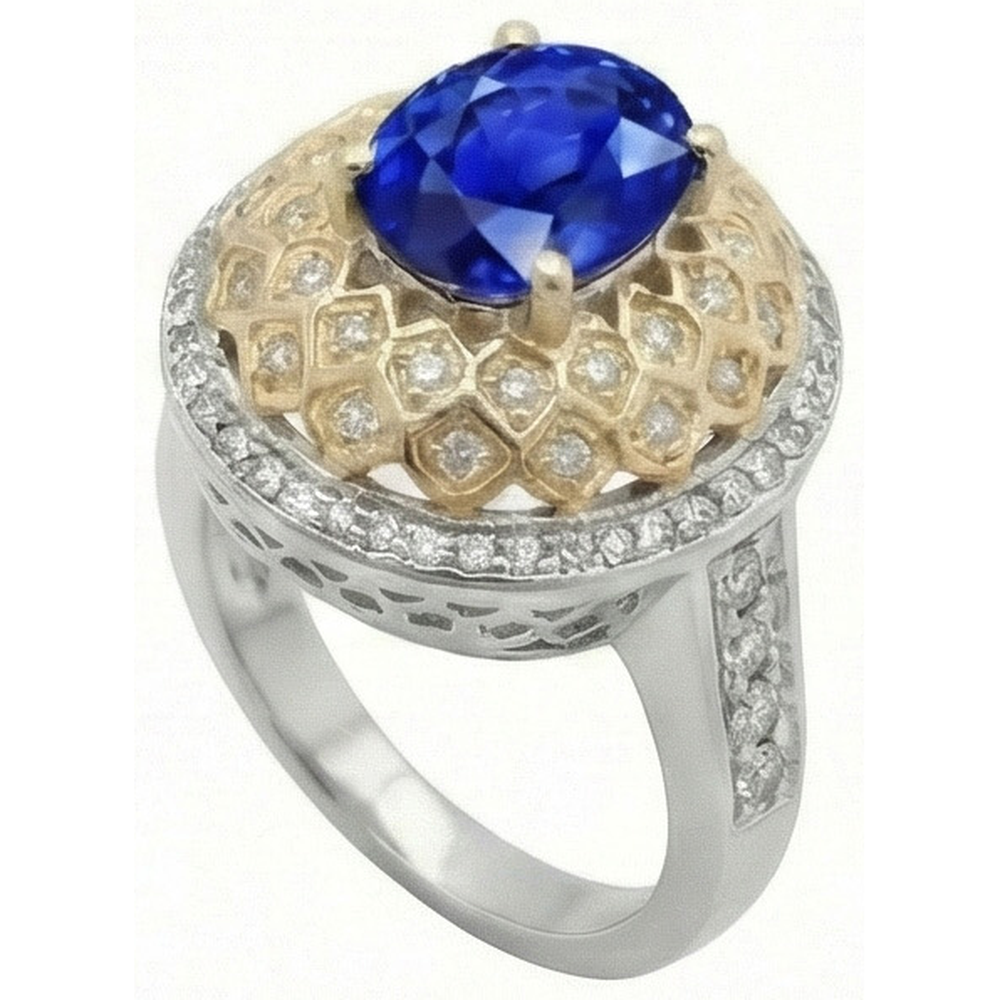Two Tone Gold 3.10 Ct Sri Lanka Sapphire Natural Earth Mined Diamonds Ring
