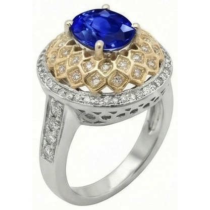 Two Tone Gold 3.10 Ct Sri Lanka Sapphire Natural Earth Mined Diamonds Ring