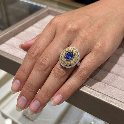 Two Tone Gold 3.10 Ct Sri Lanka Sapphire Natural Earth Mined Diamonds Ring