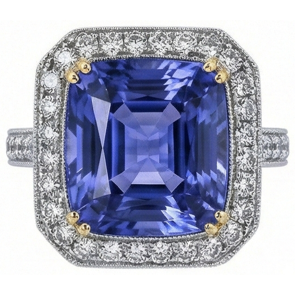 Two Tone Gold Cushion Tanzanite Natural Earth Mined Diamonds 4.25 Carat Ring Vintage Style