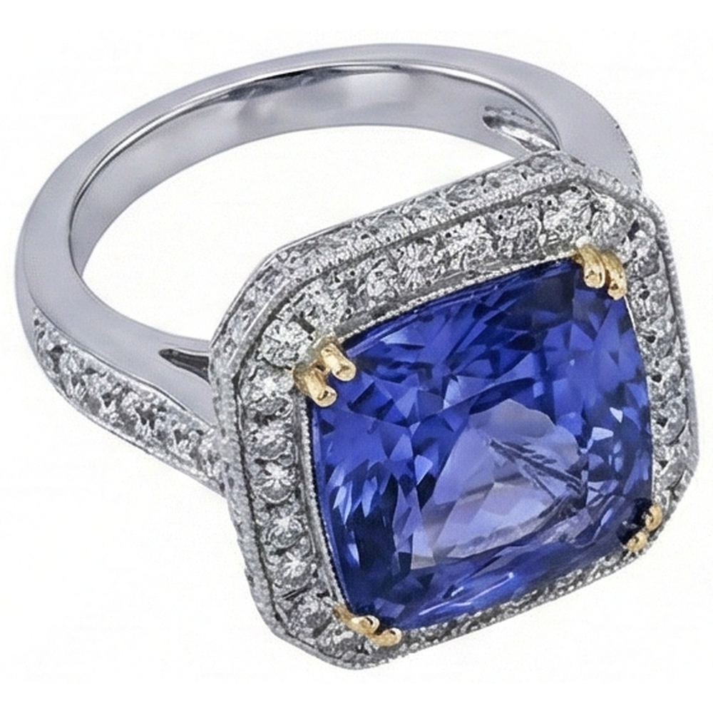 Two Tone Gold Cushion Tanzanite Natural Earth Mined Diamonds 4.25 Carat Ring Vintage Style