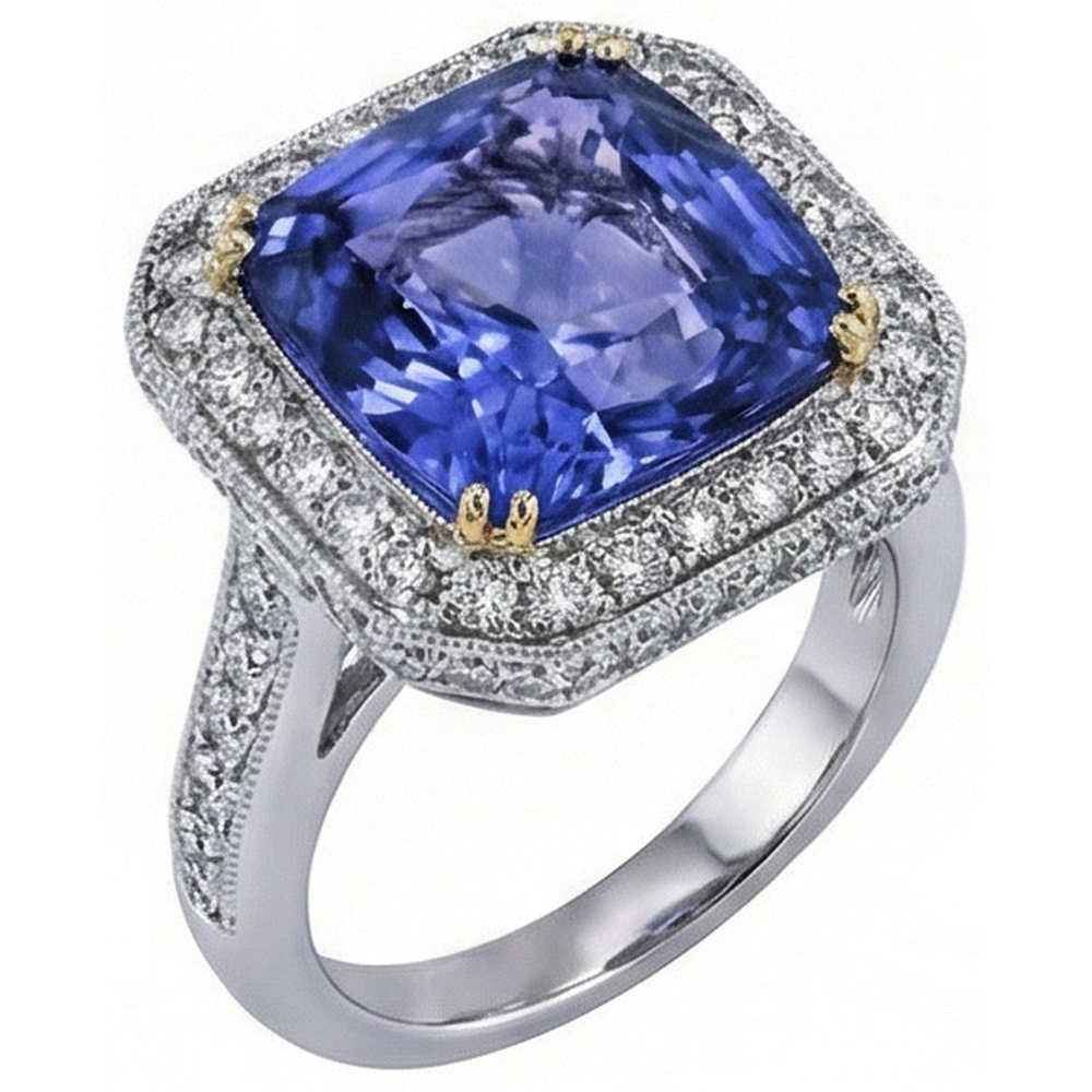 Two Tone Gold Cushion Tanzanite Natural Earth Mined Diamonds 4.25 Carat Ring Vintage Style