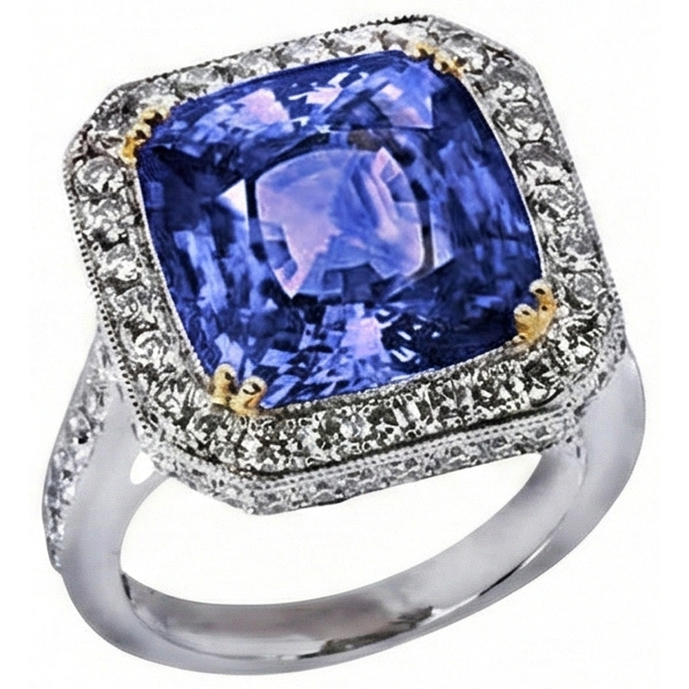 Two Tone Gold Cushion Tanzanite Natural Earth Mined Diamonds 4.25 Carat Ring Vintage Style