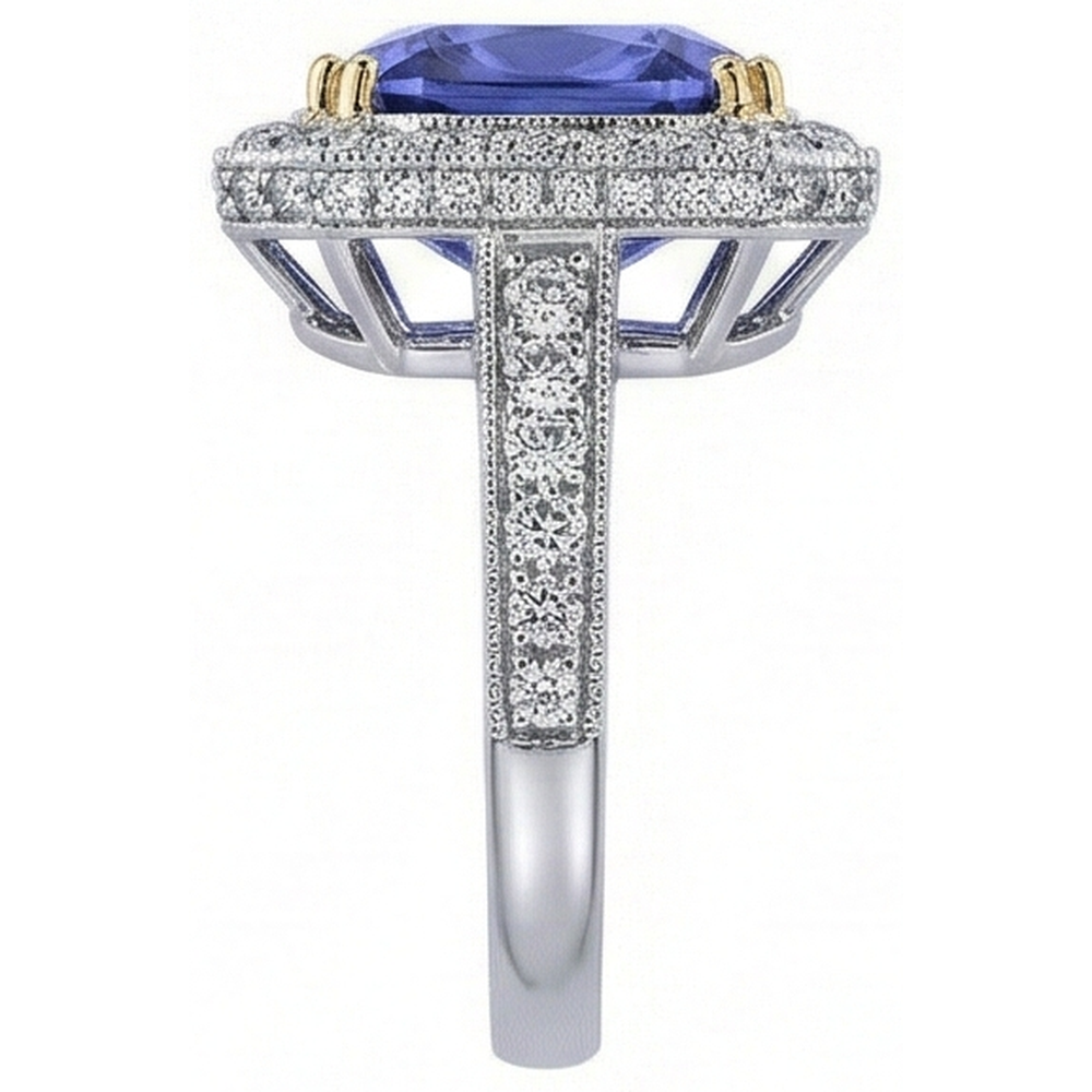 Two Tone Gold Cushion Tanzanite Natural Earth Mined Diamonds 4.25 Carat Ring Vintage Style