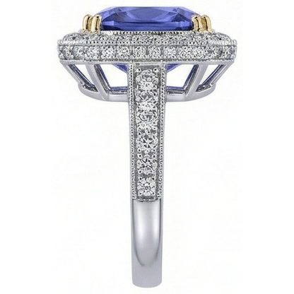 Two Tone Gold Cushion Tanzanite Natural Earth Mined Diamonds 4.25 Carat Ring Vintage Style