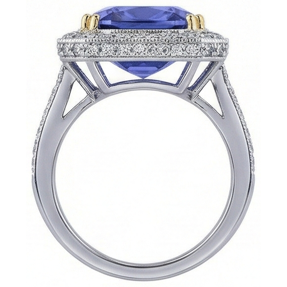 Two Tone Gold Cushion Tanzanite Natural Earth Mined Diamonds 4.25 Carat Ring Vintage Style
